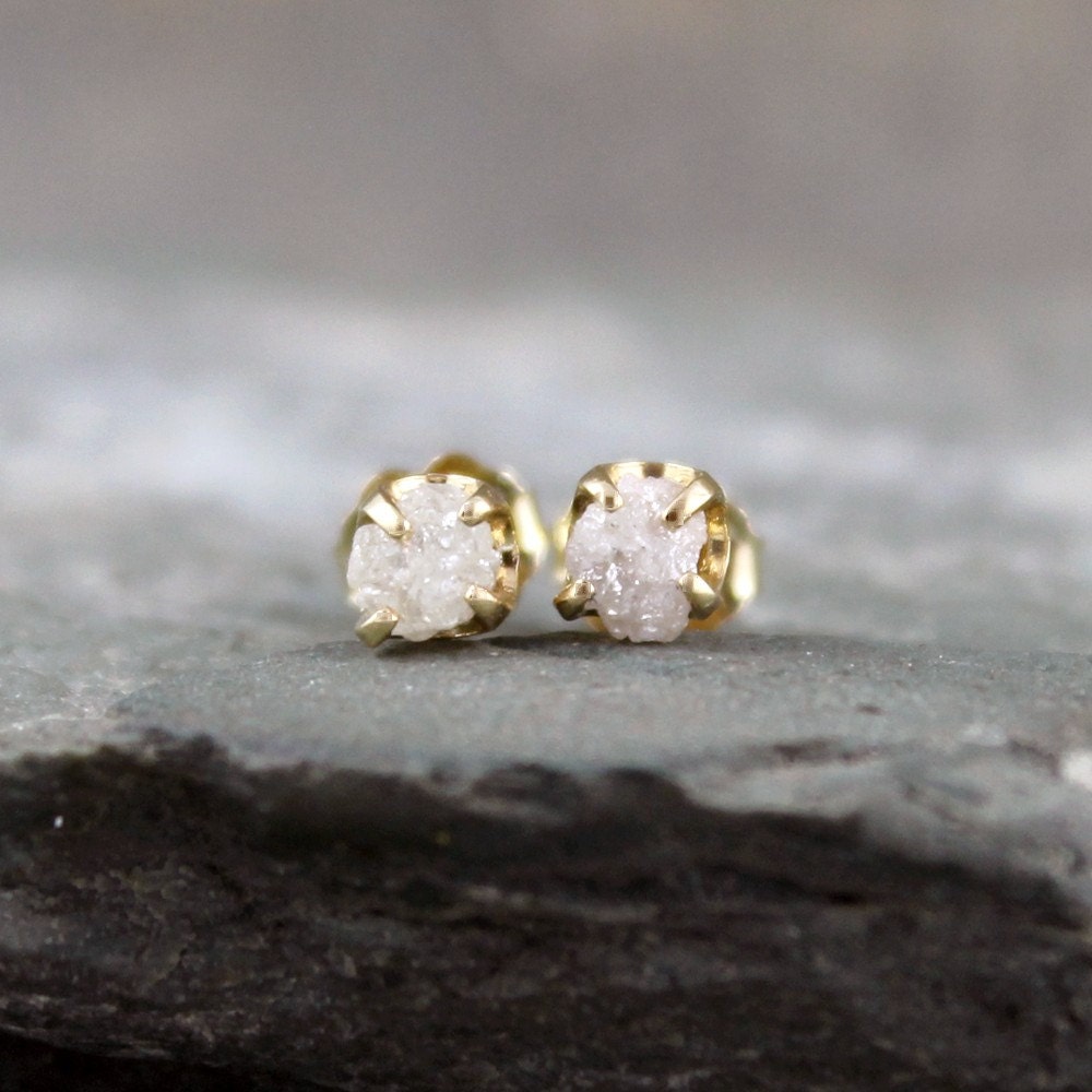 Diamond Earrings - Conflict Free Rough Raw Uncut Diamonds - 14K Yellow Gold and Raw Gemstone Stud Earrings - April Birthstone