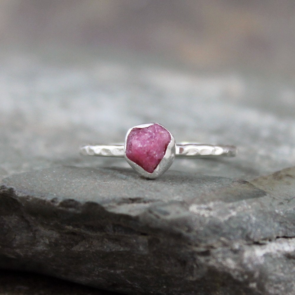 Uncut Raw Rough Red Ruby Ring - Sterling Silver Solitaire  -  Bezel Set - July Birthstone - Rustic Raw Gemstone Ring - 40th Anniversary Ring