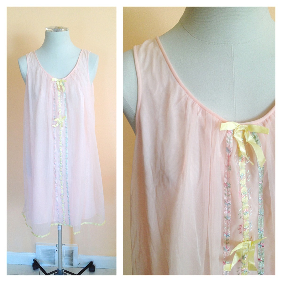 Vintage Pale Pink Lingerie Dress. Sheer Light Pink. Pastel. Yellow. Bow. Nightgown. Floral. Romantic. Feminine. 1960s.