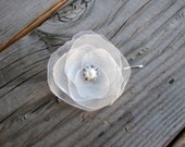 Ivory Sheer Organza Fabric Flower Fascinator Hair Clip Pin with Rhinestones and Pearl Center