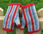 Recycled wool and cashmere fingerless gloves.  Gorgeous stripes in cherry red, denim blue, and grey.  Lined in red cashmere.
