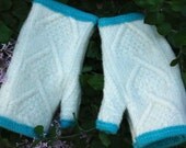 Recycled cashmere and wool fingerless gloves. Irish fisherman knit in ivory with turquoise lining.