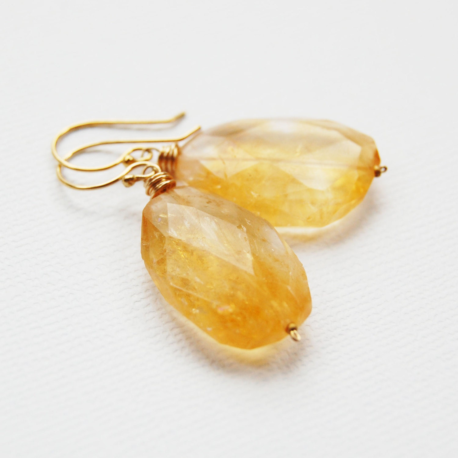 Citrine Dangle Earrings in Gold, Faceted, Nugget, Natural
