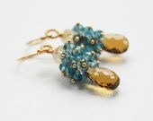 Whiskey Quartz, London Blue Topaz and Rutilated Quartz Dangle Earrings in Gold, Cluster, Elegant, Delicate, Wire Wrapped