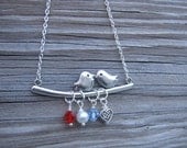 Personalized Jewelry. Birds on a Branch Necklace. Chubby Lovebirds. Mothers Day Jewelry.