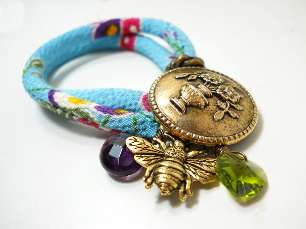 Wrap Bracelet, Aqua Floral Fabric  Button Charm, Crystal Heart, Amethyst, Brass Honeybee Charm, Turquoise, Fuchsia, Purple, Chirimen Cord