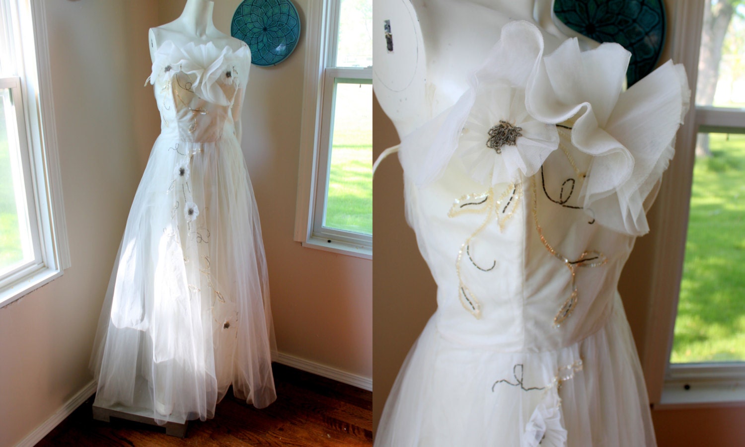 Vintage FILCOL White 1950s Party Wedding Gown Dress Strapless Tulle Full Skirt Formal Hand Beaded