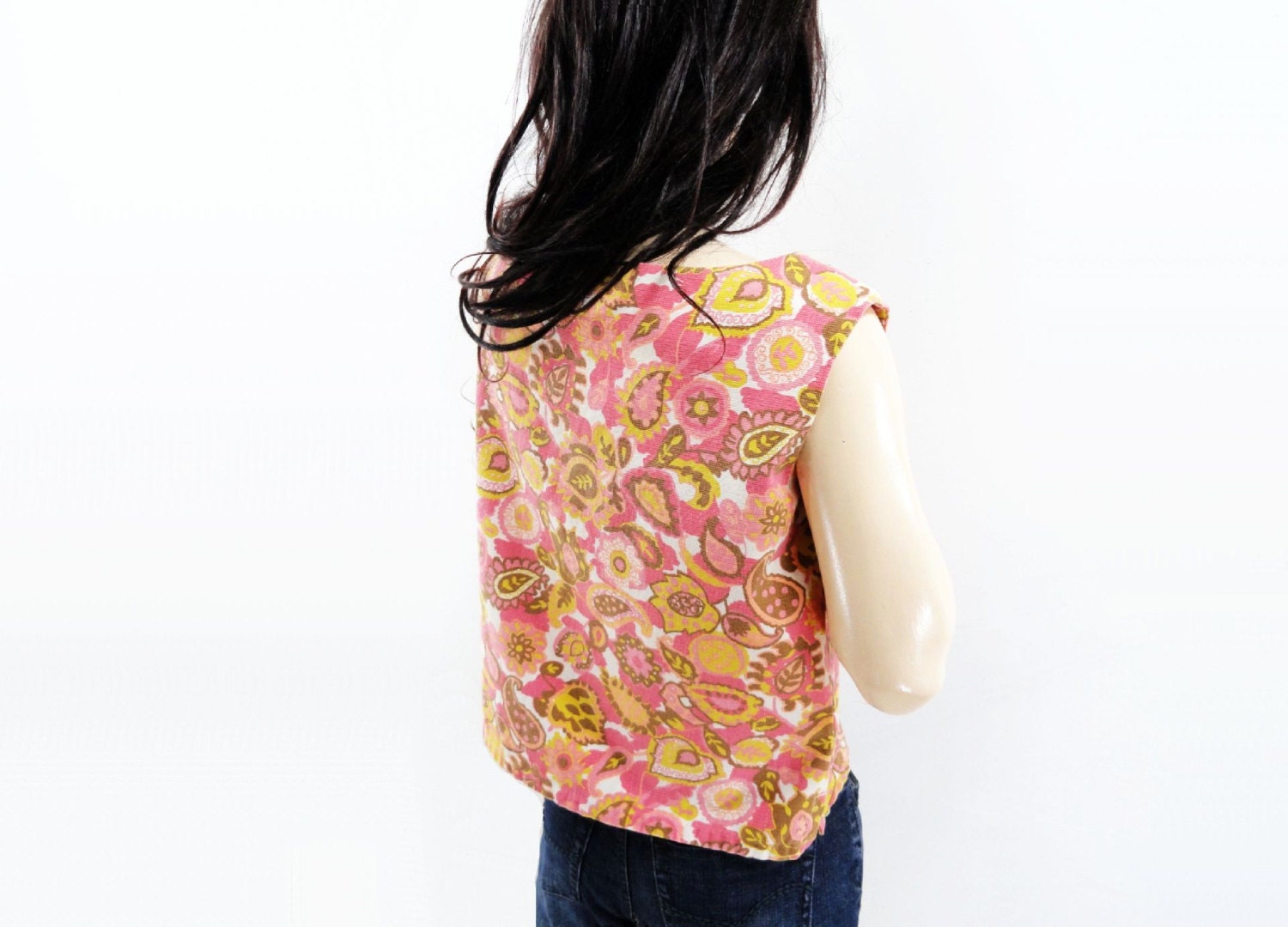 Vintage 60s Shell Top Pink Chartreuse Cropped Sun Top / xs / s