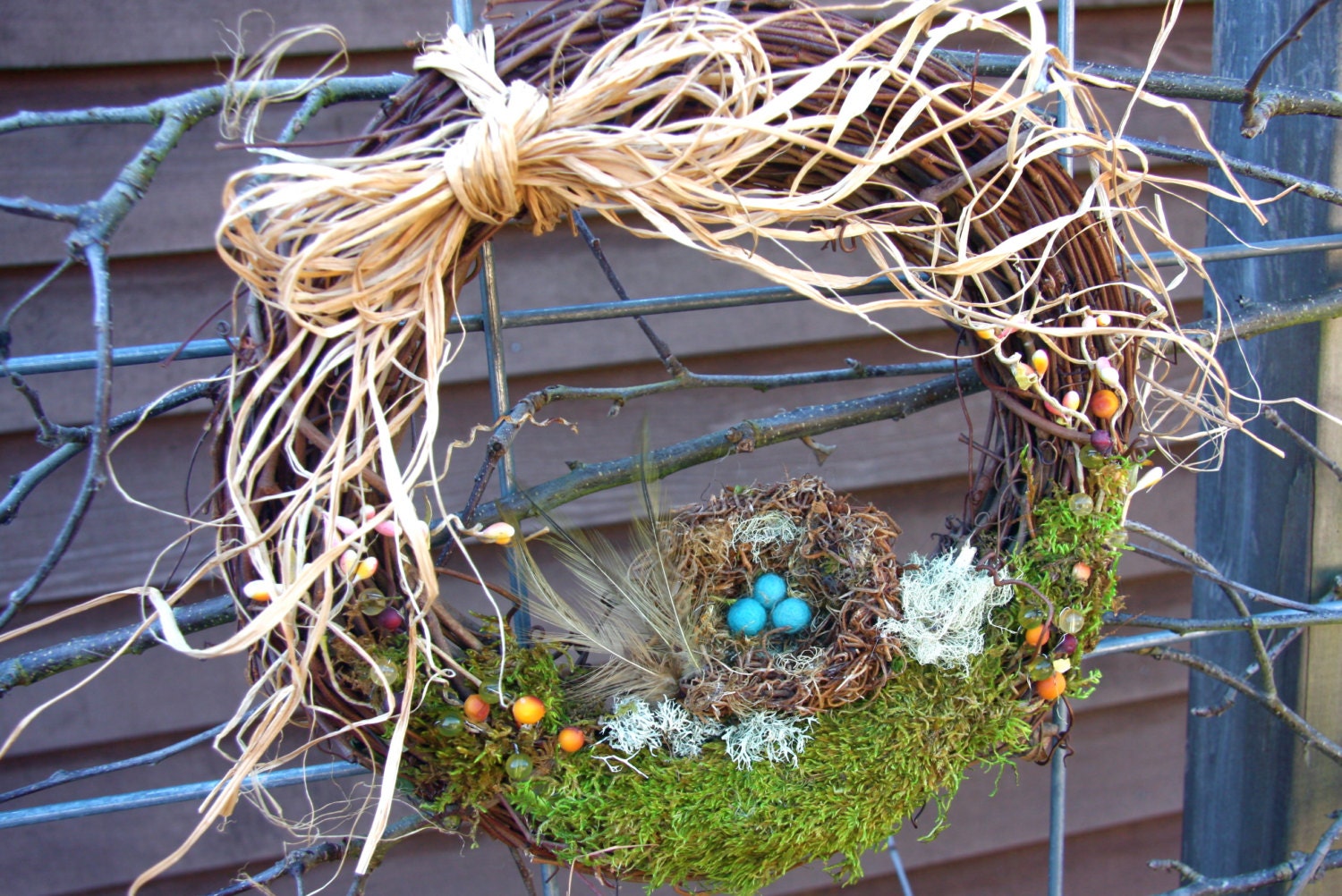 Promise of Spring bird eggs in a nest on a bed of green mosss 12" grapevine wreath ready to ship (woolcrazy)