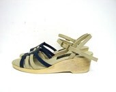 vintage 80s cream and blue canvas wedge sandals