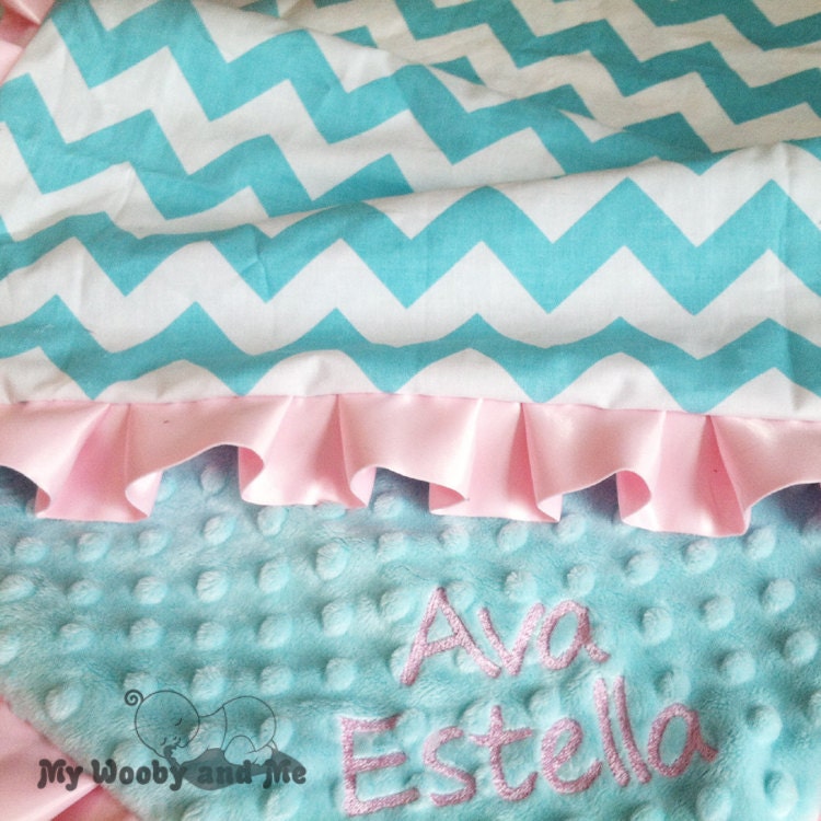 Aqua Chevron Minky Baby Blanket with Satin Trim ( Straight or Ruffled)...YOU CHOOSE Colors and Size.. Personalization Available