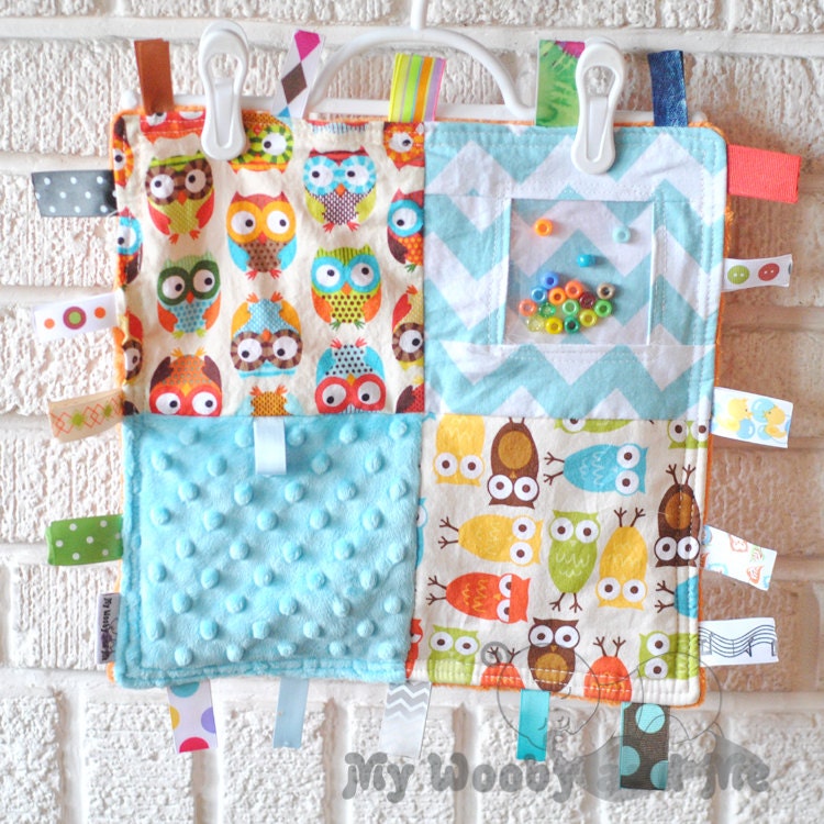 Bright Bermuda Owls Busy Hands Sensory Square Crinkle Crackle Ribbon Blanket - Orange Minky Back - READY TO SHIP