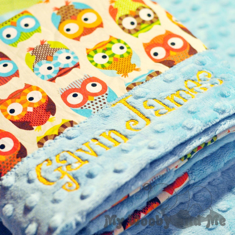 Minky Baby Blanket - Baby Blanket - Bright Owls on Cream - Color Choice - Several Sizes- Personalization Available