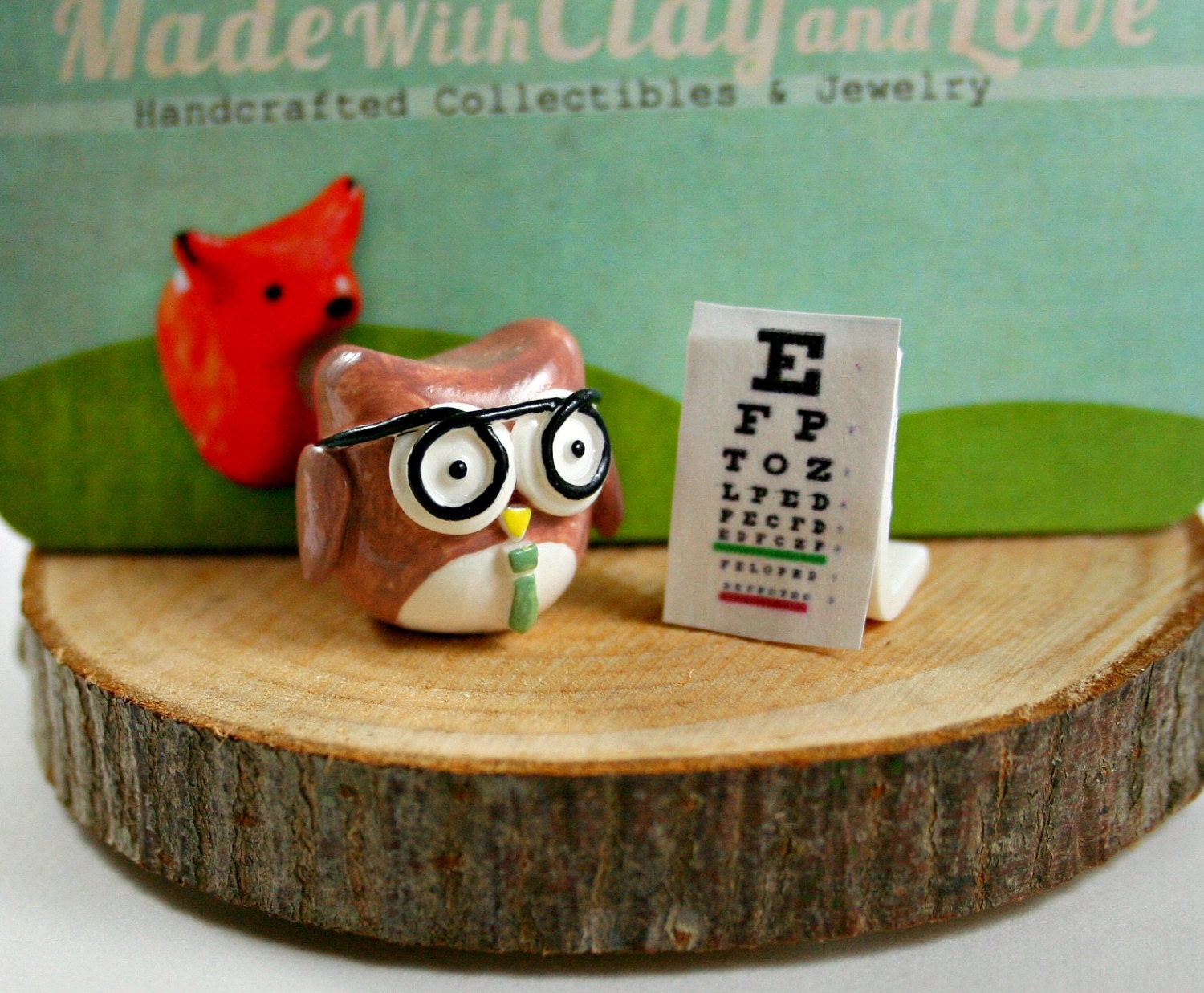 Tree Slice Business Card Holder - Optometrist Owl - Miniature Polymer Clay Animal