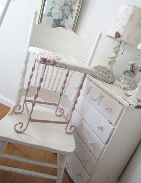 Vintage Barkcloth Stool Table - Shabby French Cottage Pink - Scrolly Wrought Iron