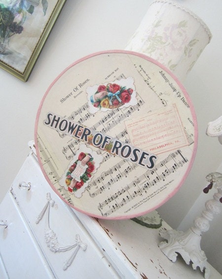 Vintage Hat Box - Roses - Shabby - Cottage - Sheet Music - Calling Cards - Handmade