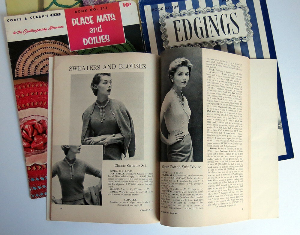 1950s Vintage Crochet Pattern Books - Potholders, Decorative Edgings, Doilies, Pillow Cases and More