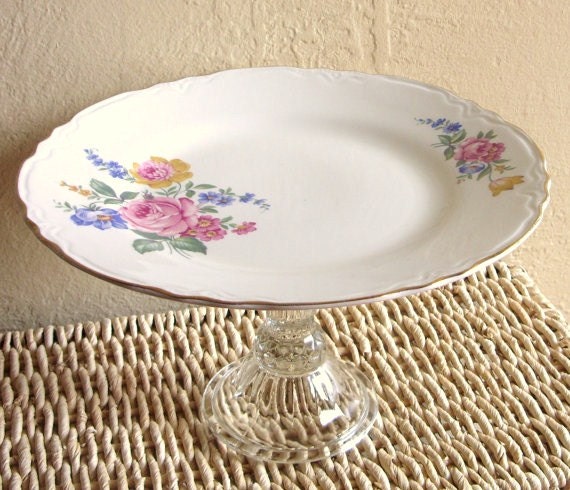 Cupcake Dish Floral Pedestal Plate of Colorful Flowers