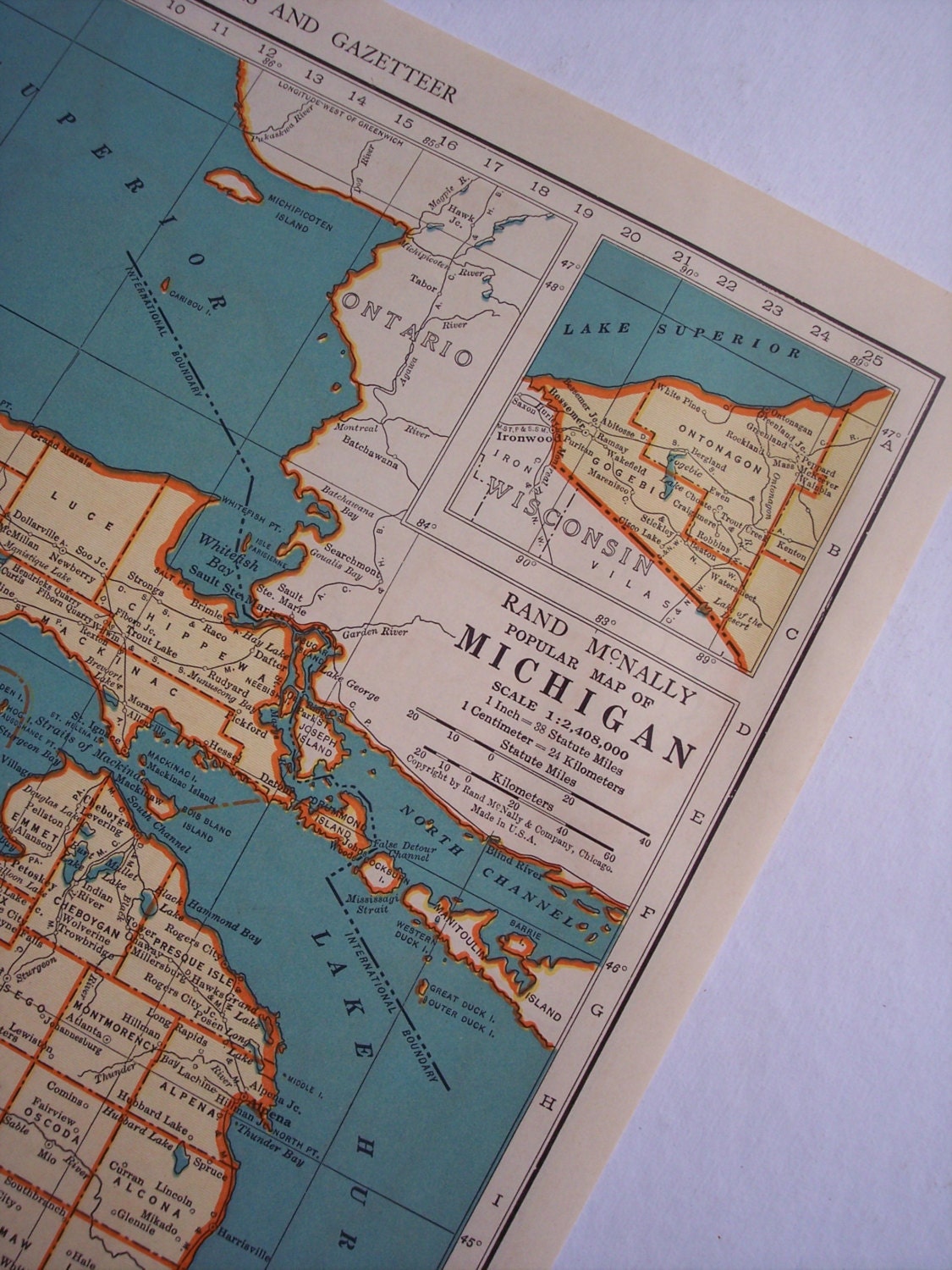 Michigan State Map, Massachusetts, 1939 11x14 Vintage atlas map