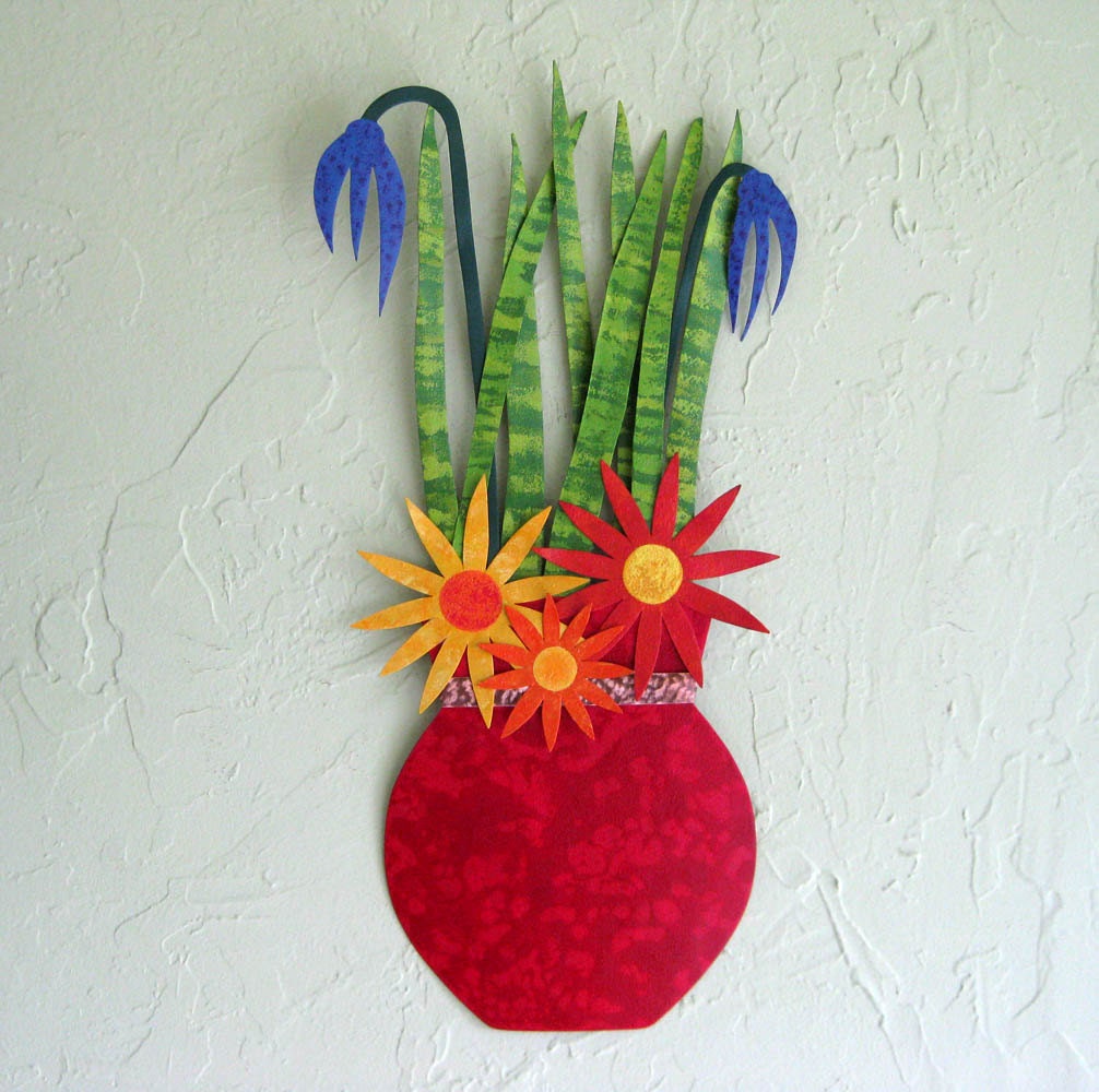 Art wall sculpture - flower vase metal wall hanging kitchen dining room art 11x21 red orange