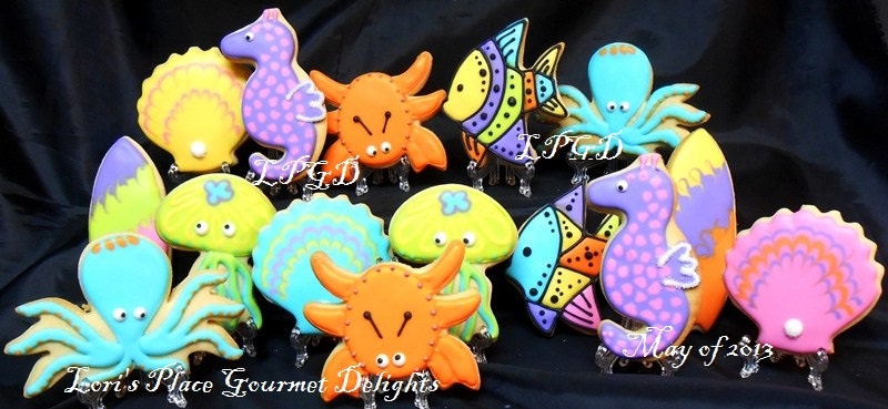 Sea Life Cookies- Octopus- Jelly Fish- Crab- Seahorse- Shells- Fish- Surfboards - Decorated Cookies - 14 Cookies
