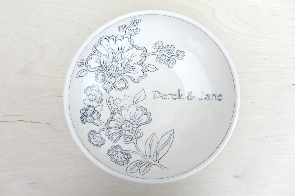 Custom Wedding Porcelain Floral Bowl Engraved in White and Blue