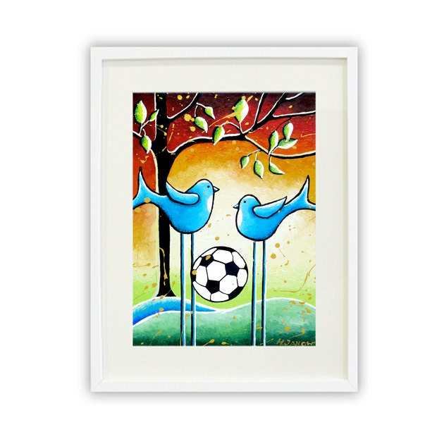 Children wall art, Birds print kids wall art, Giclee print, Soccer art kids decor, Nursery bird art, Baby boy kids art print 13x18 Signed