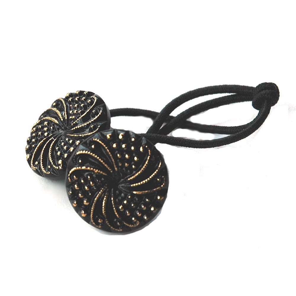Ponytail Holder Hair Accessory - Swirling Motif in Black and Gold Vintage Glass Buttons