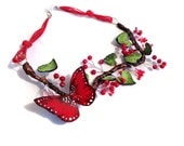 Statement necklace. Red butterfly leather necklace with coral beads. Leather jewelry. "Inspired by nature" collection