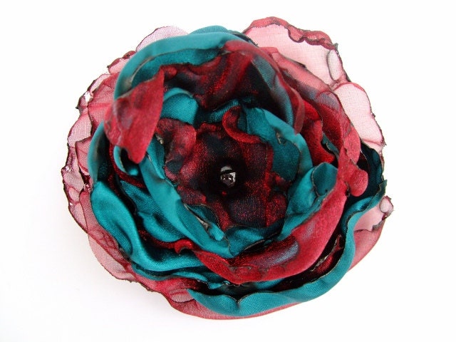 Wedding Hair Flower, Teal Blue satin with Dark Red Organza Flower, Hair Clip, Pin Brooch