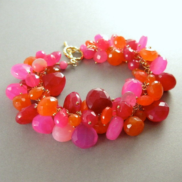 Pink  and Orange Chalcedony Gold Fill Bracelet - Tango