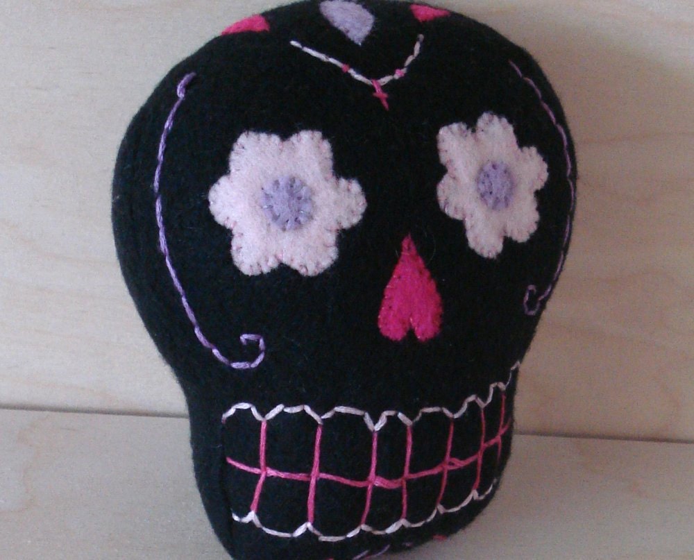 Sugar Skull plush ornament, black pink purple