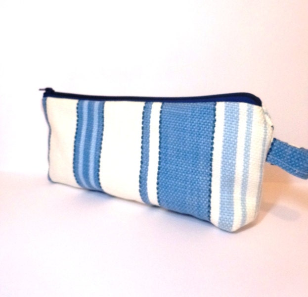 Fabric Zipper Pouch Clutch Bag Cosmetic Pouch Pencil Case Blue Stripes - handjstarcreations