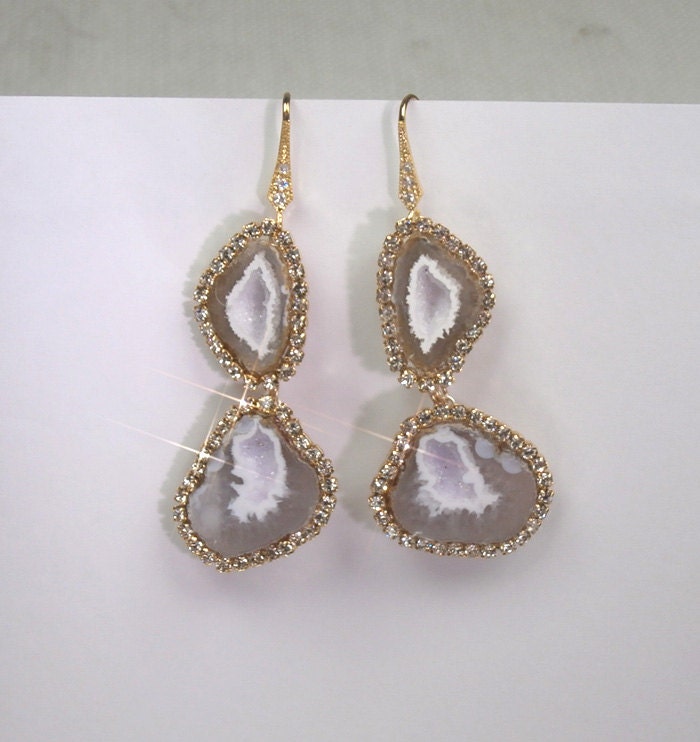 Tabasco Geode Earrings Geode Taupe White Lavender Slice Double Dangle Earrings Diamond Look Bezel Earrings - Milly