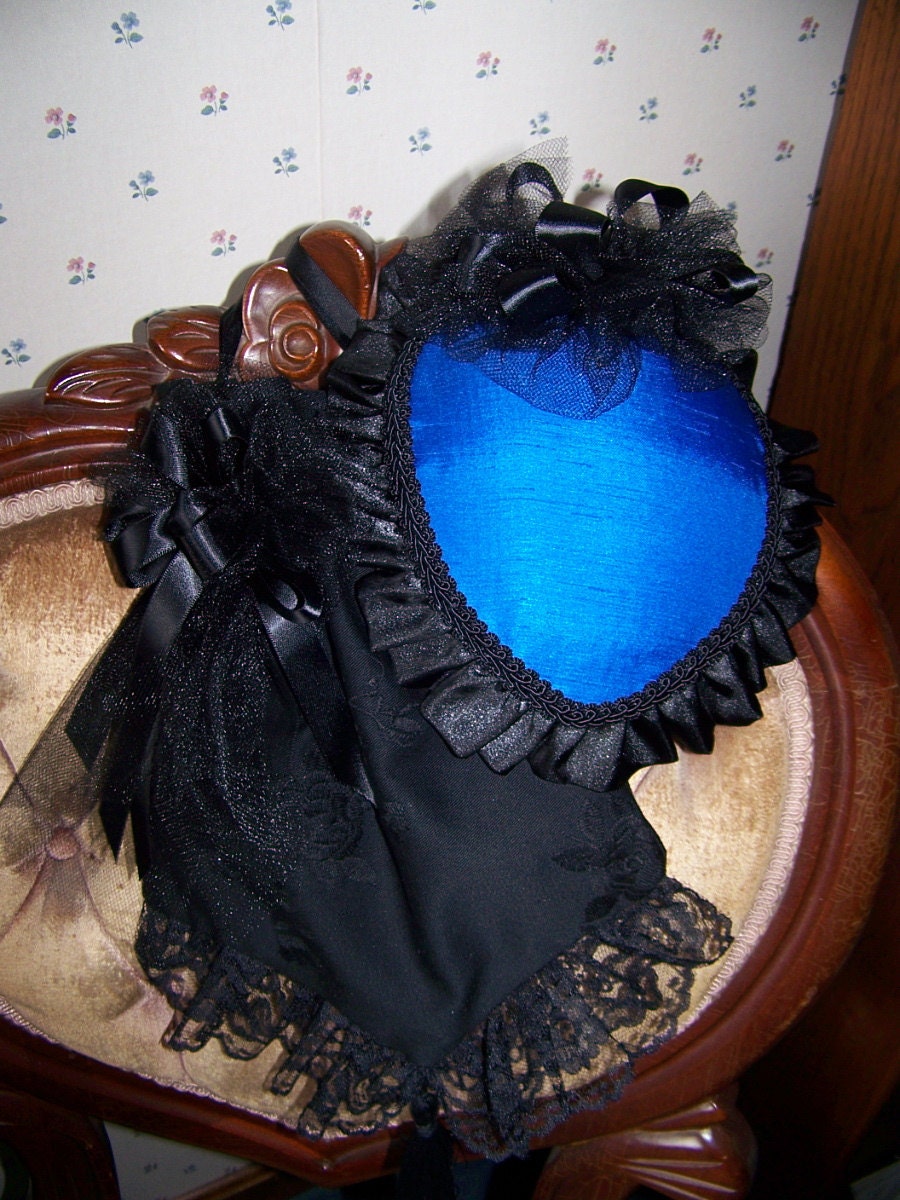 Civil War Hat and Reticule,Victorian Ladies,Royal Blue mat satin teardrop with Black Satin ruffle costume