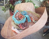 Lovely Chestnut Linen Straw Hat with Handmade Corsage