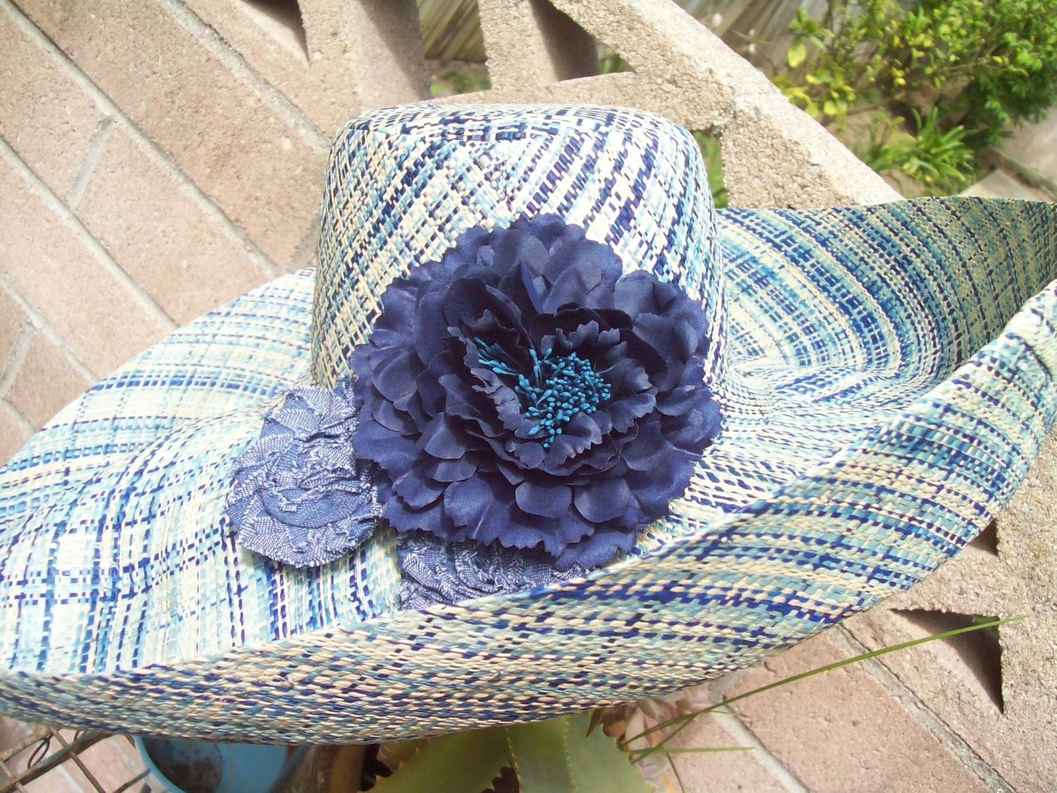 Mix of Denim Blue Plaid Linen Straw Sun Hat