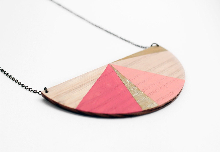 Half circle geometric wooden necklace - natural wood, pale rose, gold and pink - minimalist, modern jewelry - color blocking - TheiaDesign