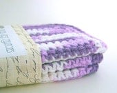 Wash Cloths, Dish Cloths, Cotton - Purple, Lavender and White - Crocheted 3 Piece Set "Lavender Fields"