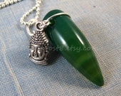 Wire-wrapped agate tusk necklace. Green Zen. Buddha, stone, silver, pendant.