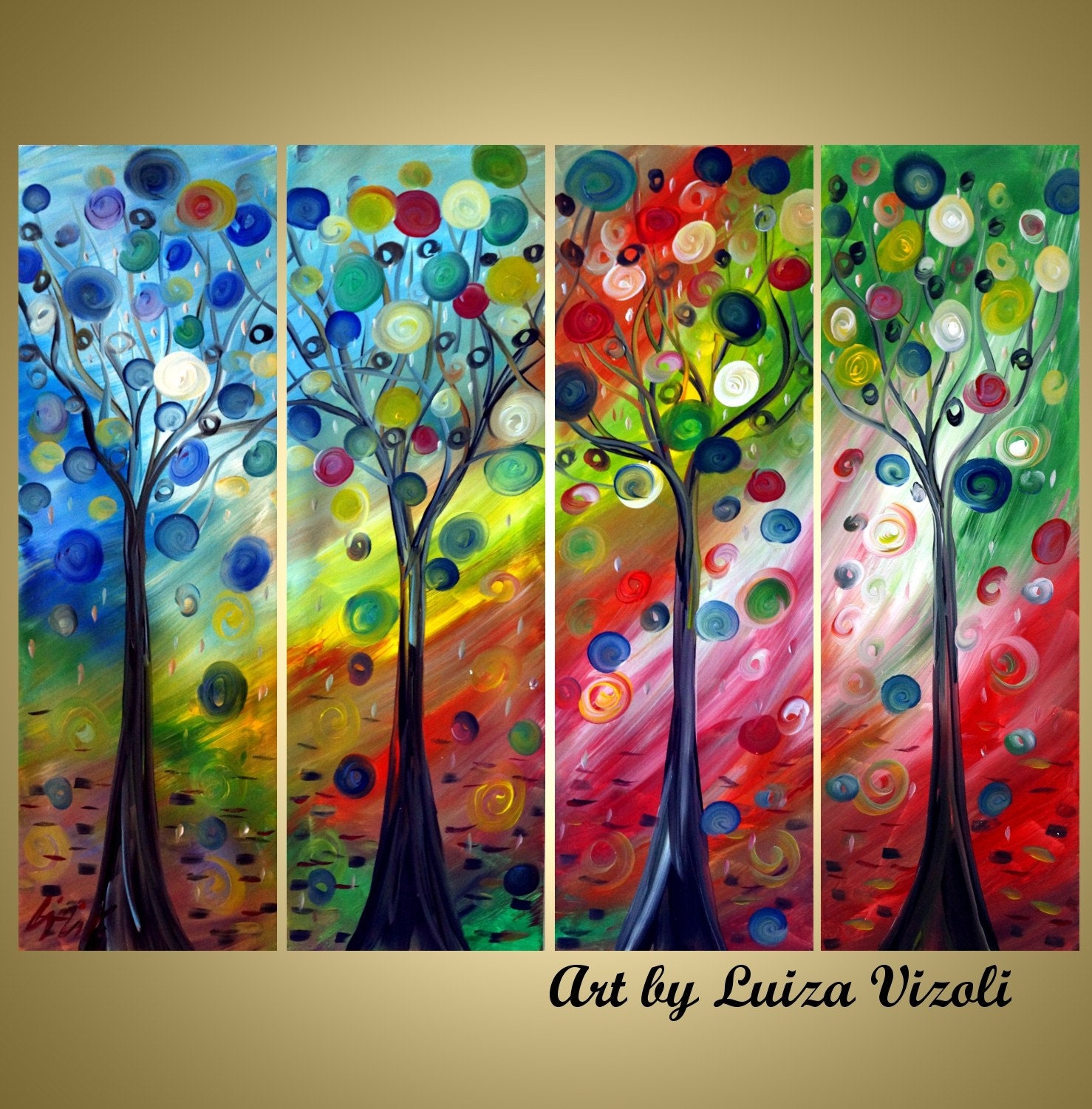 JOURNEY THROUGH SEASONS Original Modern Trees Landscape Whimsical Large Painting 48"x36" Fine Art by Luiza Vizoli