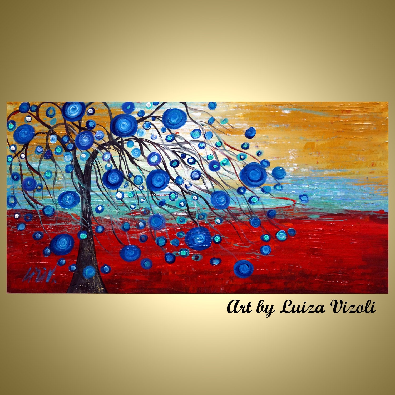 Original Modern  red,blue,turquoise Abstract Painting 48x24 HERE COMES the RAIN Whimsical Tree Landscape Impasto Art