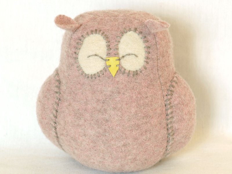 Sleepy Owl Recycled Felted Wool Light Pink Nursery Ornament Lamb Wool Stuffing Eco Friendly Home Decor Ornament Height 7"