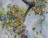 original Abstract yellow  painting spring blossom flower butterfly art blooming modern green pink blue acrylic ink chinese rice paper