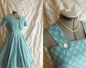 50s Dress // Vintage 1950s Blue Cotton Print Circle Dress with Bolero Jacket Size S