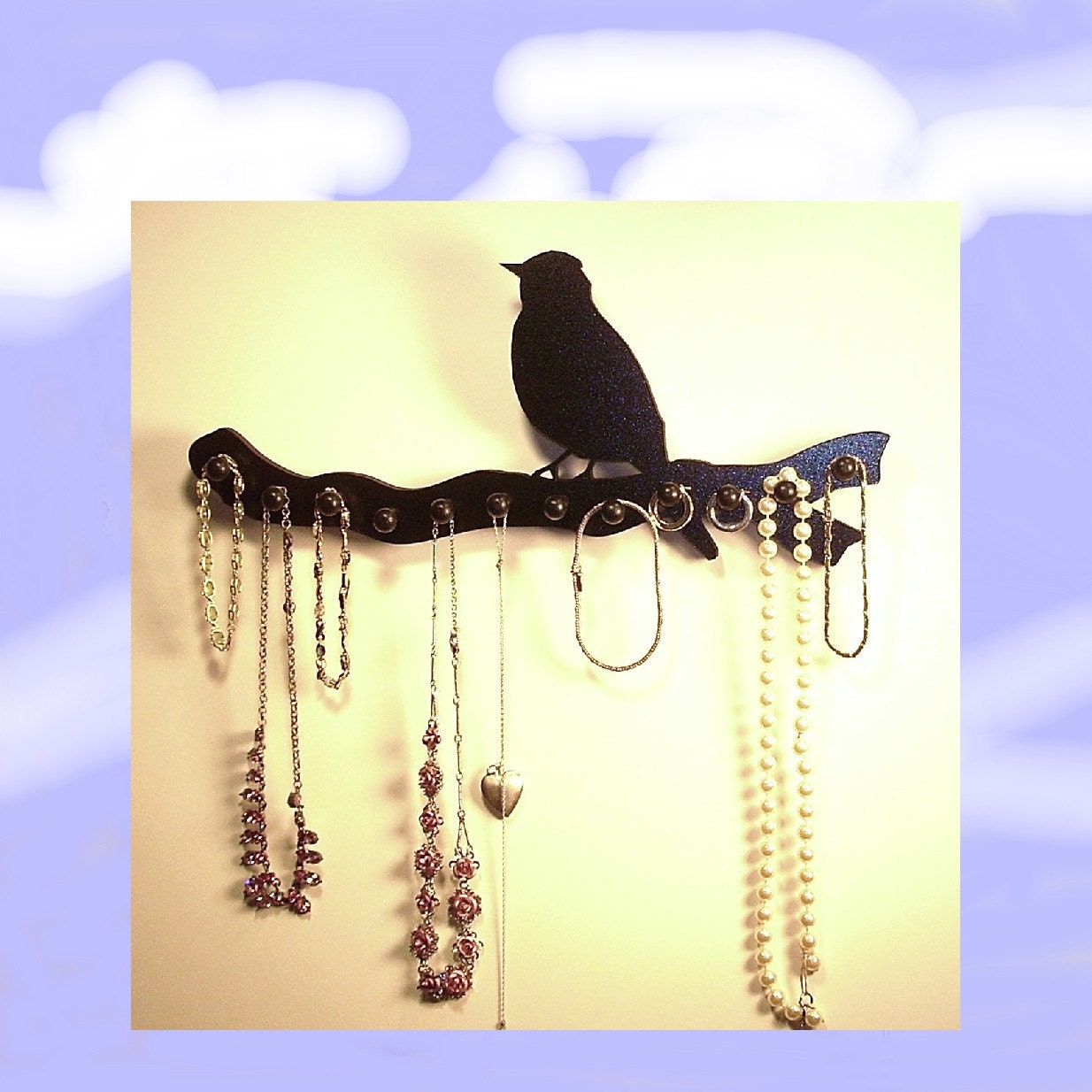 NECKLACE  rack holder organizer stand black wooden 12 pegs bird on a branch