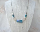 Cool Blue Glass Necklace. Beaded Teal and Silver Necklace. Bead Chain Necklace.