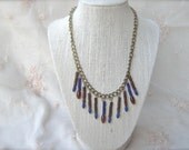 Beaded Feathers Necklace. Boho Fringe Necklace. Feather Necklace. Tribal Necklace. Bib Necklace. Brown, Blue. Glass, Brass. Indie Jewelry.