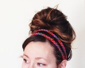 Carnival HEADBAND- Red, Orange, Purple, Green, Chunky, Double Strand, Acrylic Yarn, Elastic, Wood Bead, Boho, Hippie, Crochet, Yarnival.