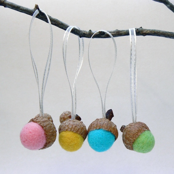 Handmade Christmas Ornaments, Acorn Ornaments, Decorations, 10 Hanging Felted Acorns, colorful pastel wool rainow, eco friendly, all natural